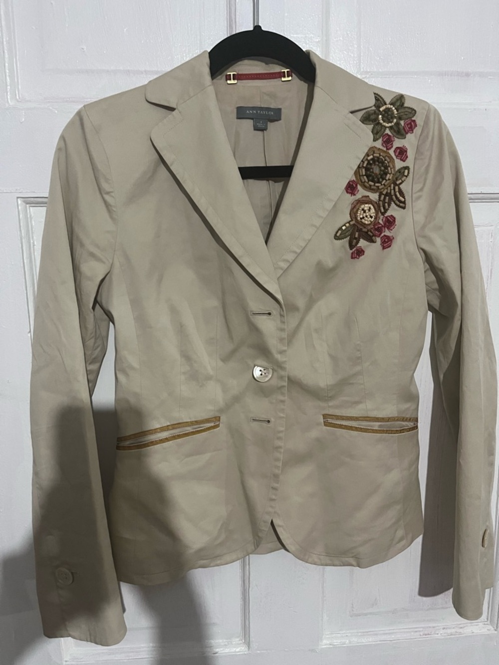 Ann Taylor Khaki Blazer with Embroidered Floral Accent